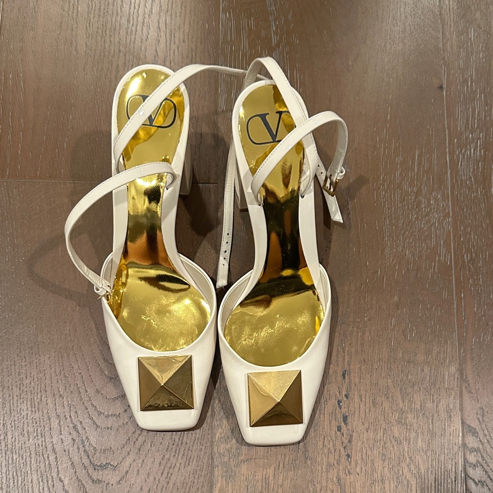 Valentino Cream Strappy Heels with Gold Accents